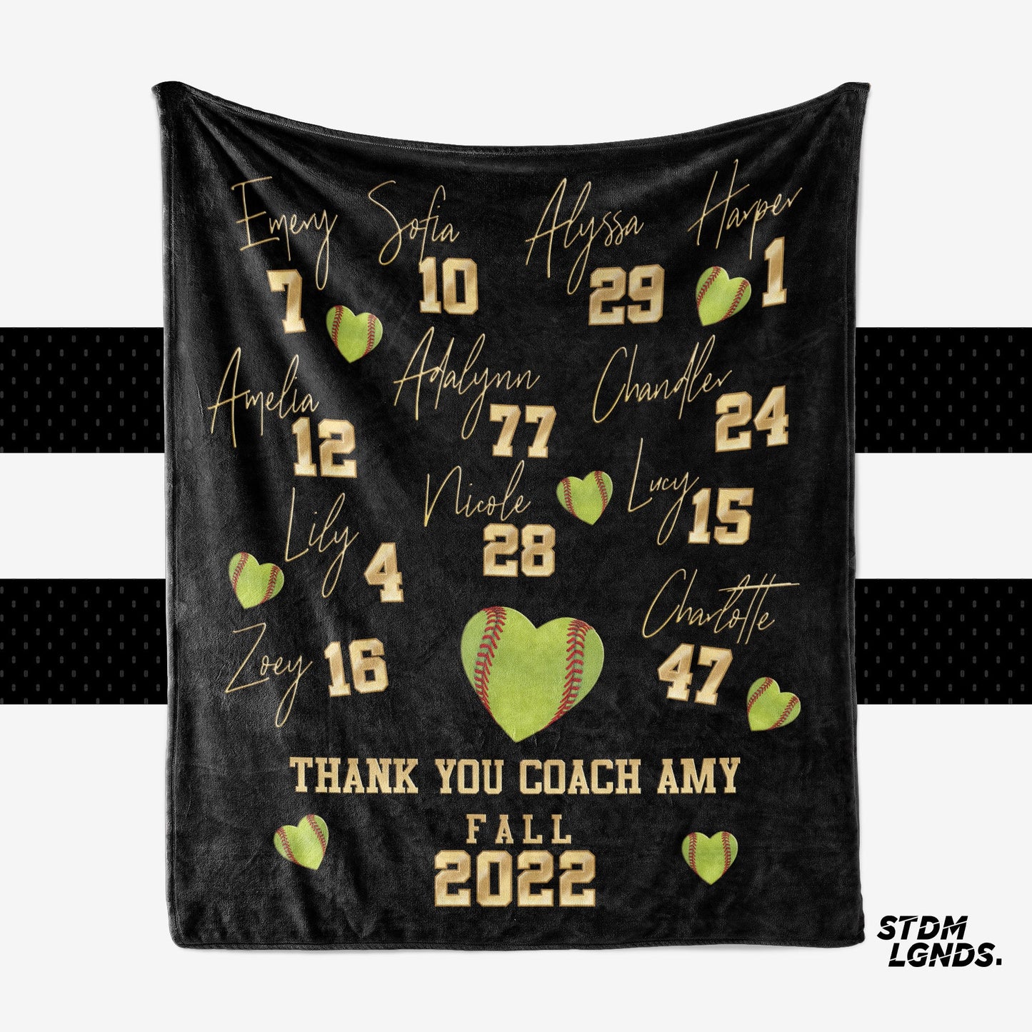Softball Heart Signature Series Blanket — personalized team roster and coach gift example
