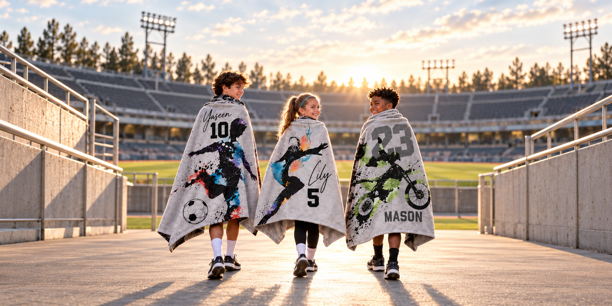 Three young athletes wearing personalized sports blankets at sunset in a stadium
